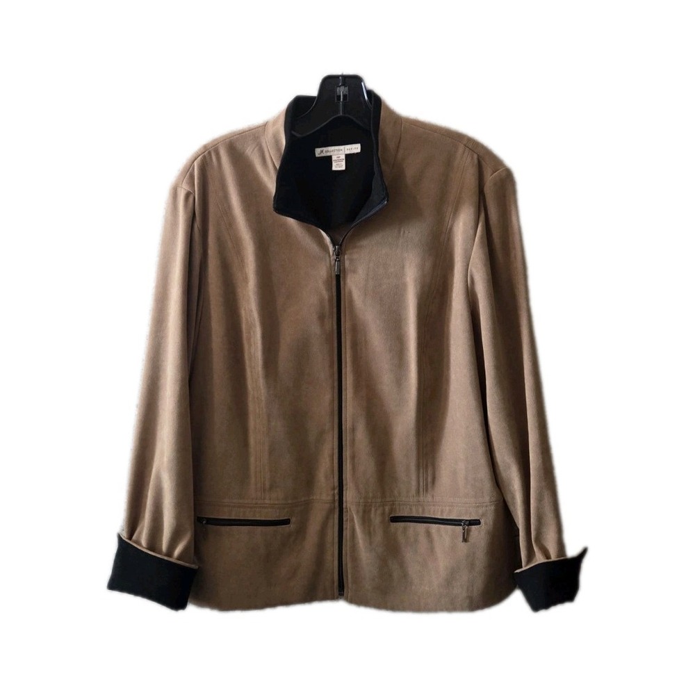 JM Collection‎ Petite 14P Tan Zip Front Jacket Blazer Stretch Career